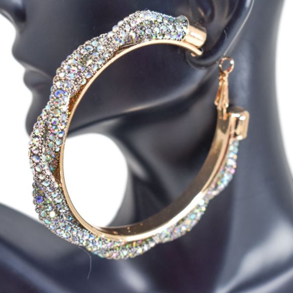 3" Boho Braid Twist AB Rhinestone Hoop Earrings - Picture 6 of 11